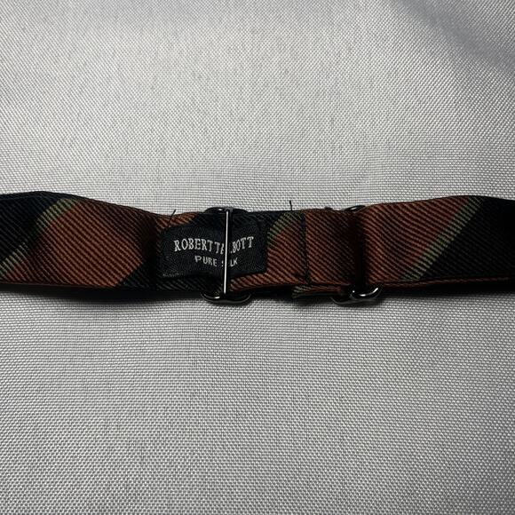 Vintage Robert Talbott 100% Silk Bow Tie Brown Green Black Stripe Adjustable - Picture 3 of 4